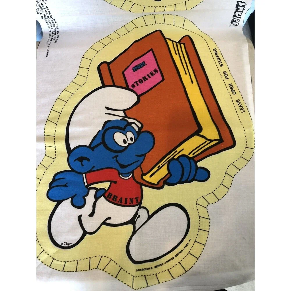 Vintage NOS Peyo Smurf Fabric Panel Pillow Cut Out Brainy DIY New